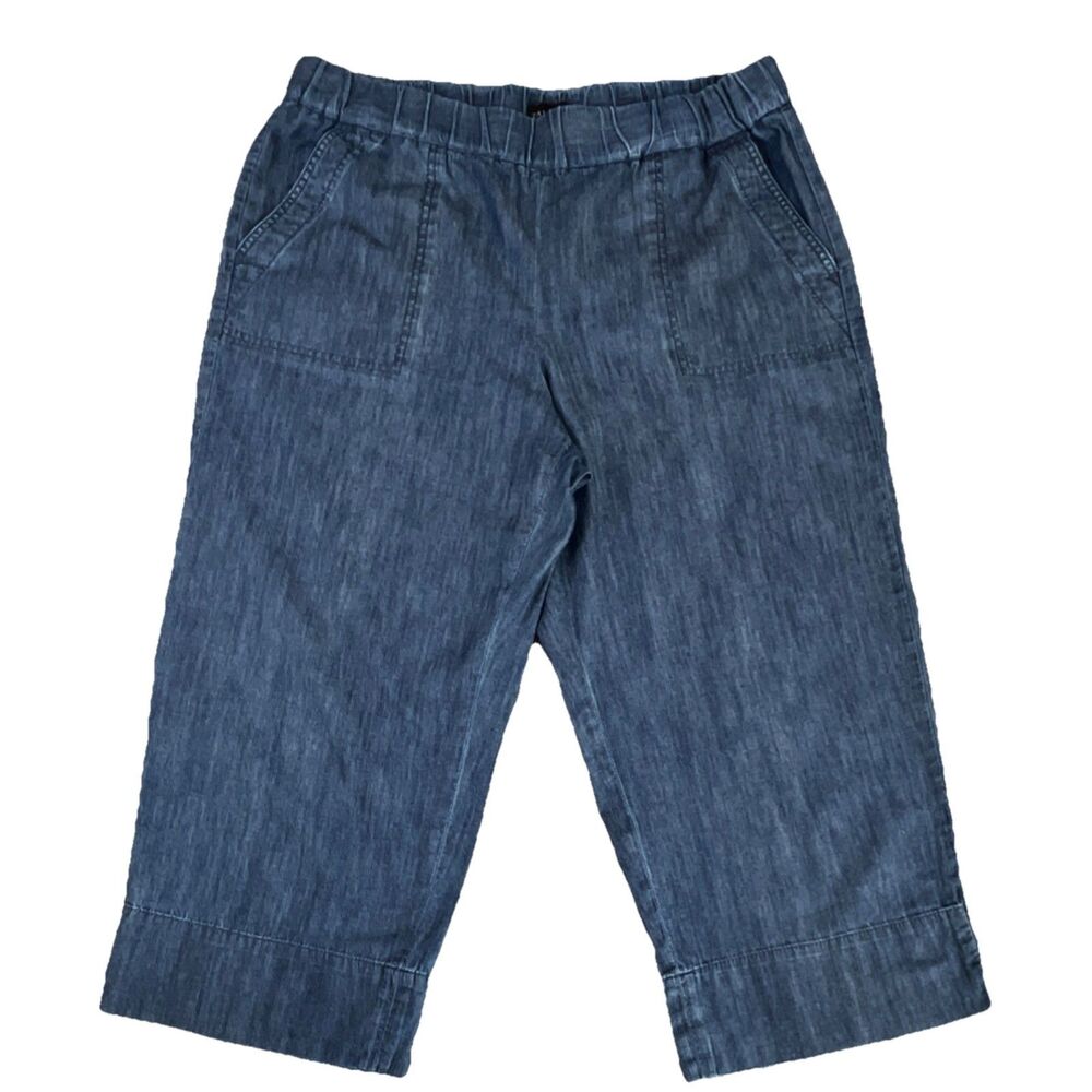 Talbots Women’s L Petite Chambray Denim Capri Pants Pull on Elastic  Pockets 21"